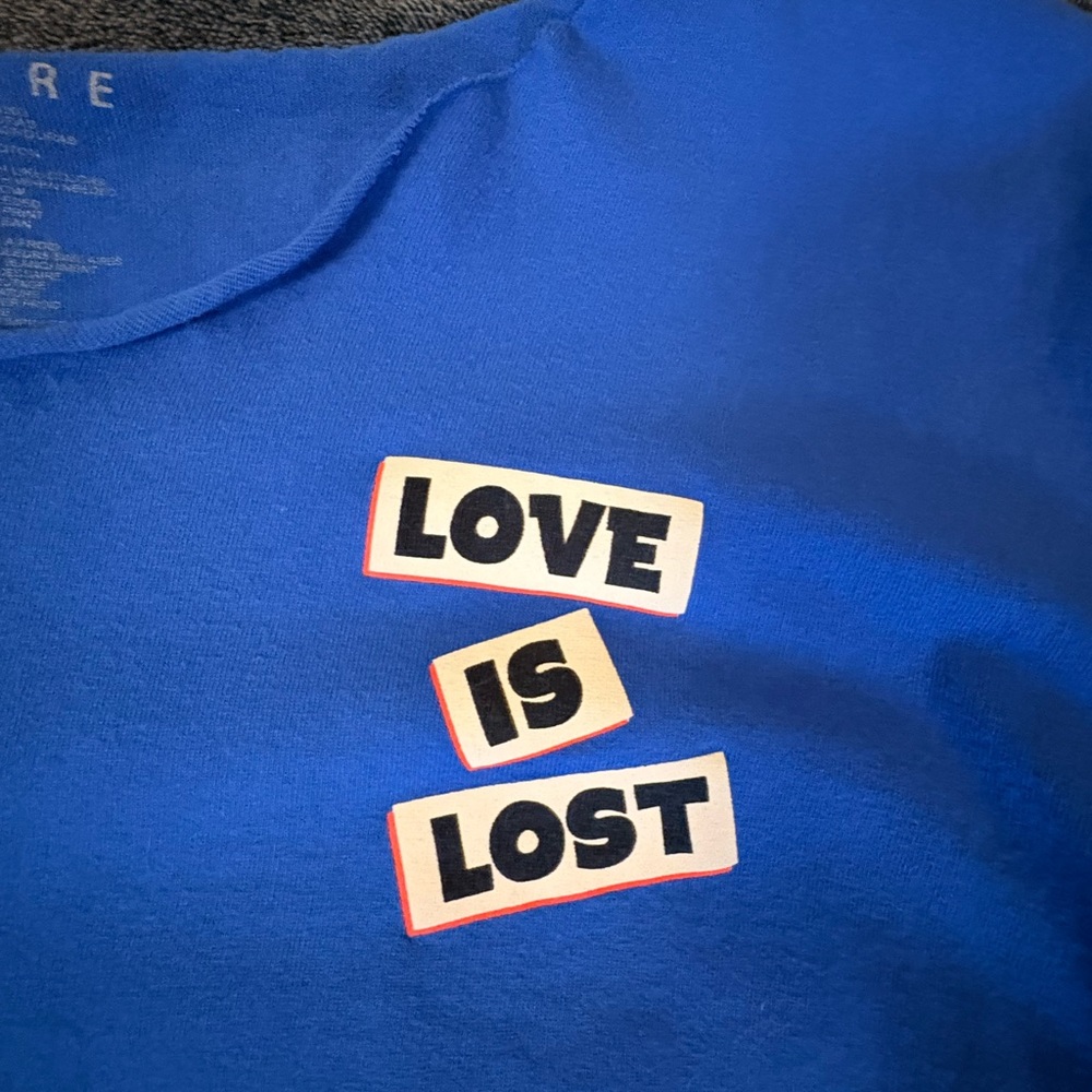 Blue off shoulder Graphic Tee with 'Love Is Lost' Print